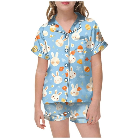 Rhuody Easter Outfits For Girls Bunny Floral Print Sleepwear Short Sleeve Pajama Set Lapel Button Down Tops Shorts For Boys And Girls Comfortable Clothes Purple 2-3 Years