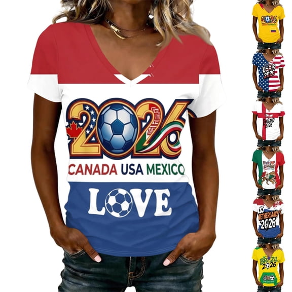 LNZGNM Women's Soccer Jersey USA MEX CA Short Sleeve Crewneck Graphic Tee Football Tournament Fan Top for Sports Party Vacation Game Day,Deep Red(S)