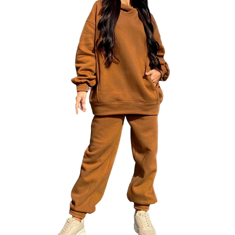 Quenteen Women's Jogger Set Long Sleeve Sweatsuits Tracksuits Pullover Tops  Sweatpants 2 Pcs Outfits Lounge Pajama Sets Brown