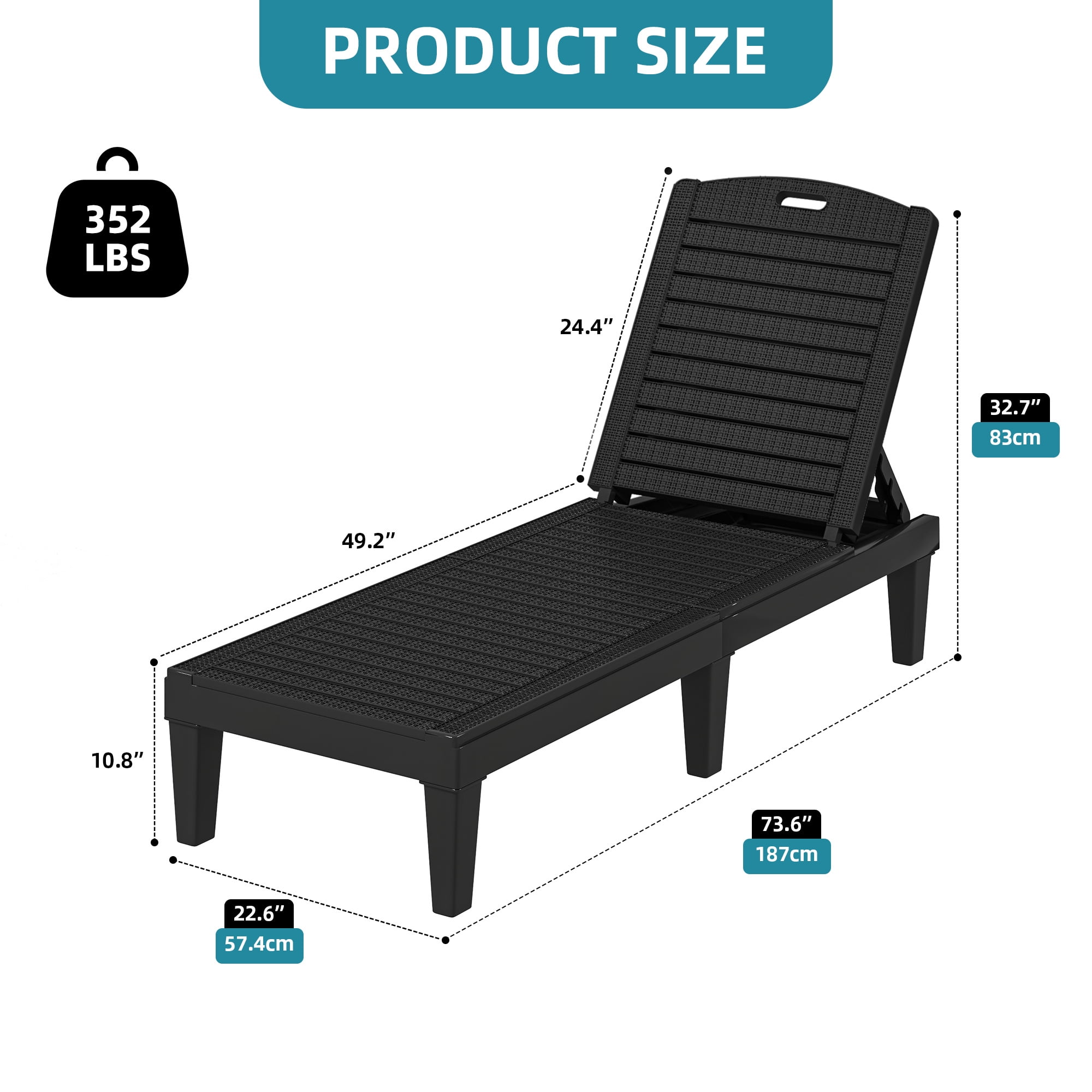 Uforic Outdoor Plastic Chaise Lounge Chair, 5-Position Adjustable Waterproof Poolside Recliner, Easy Assembly Patio Lounger for Garden Backyard, Black, 1 Piece