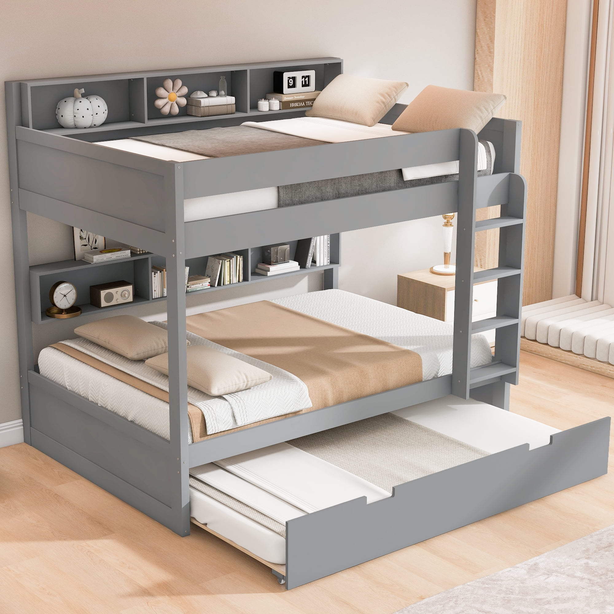 Euroco Wood Twin over Twin Bunk Bed with Storage Shelves and Trundle, Gray