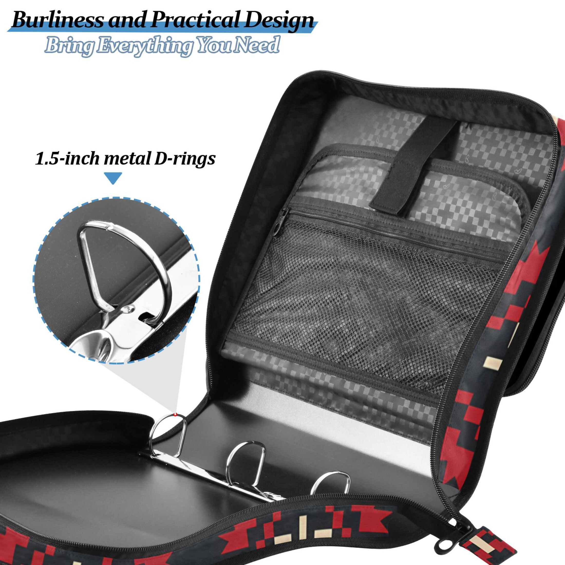 3 Ring Zipper Binder with Shoulder Strap Waterproof Trapper Keeper 1.5 Inch D-Ring 500 Sheets Capacity Geometric Pixel Print