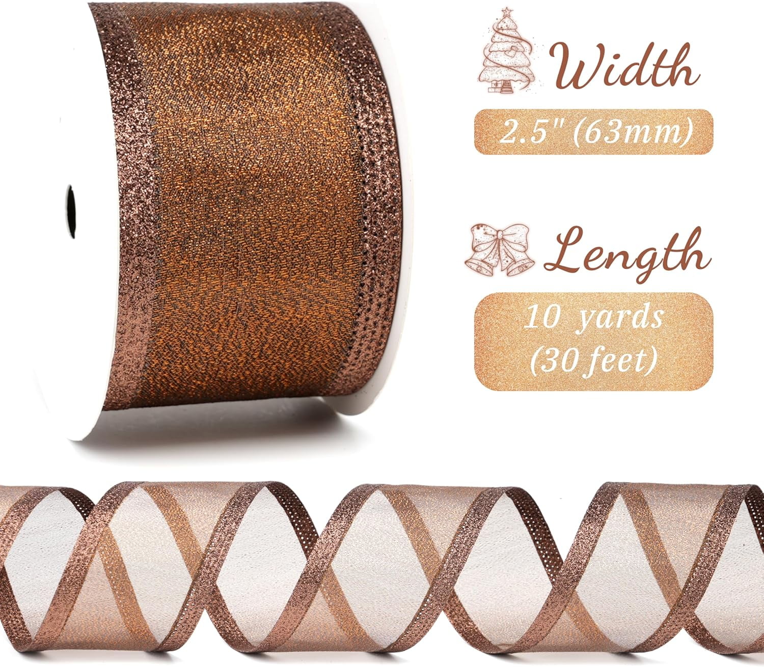 Copper Christmas Ribbon Wired 2.5 Inch Metallic Copper Wired Ribbon with Glitter Stripe, Ribbon for Christmas Tree, Wreaths Supplies, Swag, Garland, Holiday Decor - 10 Yards