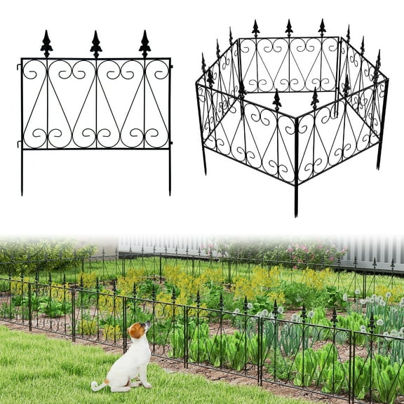 Kinbor 5 Panels Decorative Garden Fence Border Metal Garden Fencing Animal Barrier for Dogs Flower Edging for Yard, Black