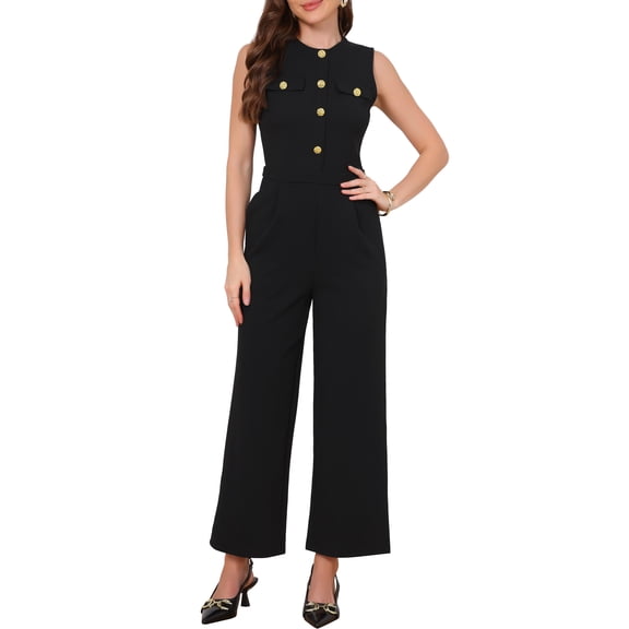 INSPIRE CHIC Jumpsuit for Women Crew Neck Sleeveless Button Down Wide Leg Work Business Casual Rompers XS Black