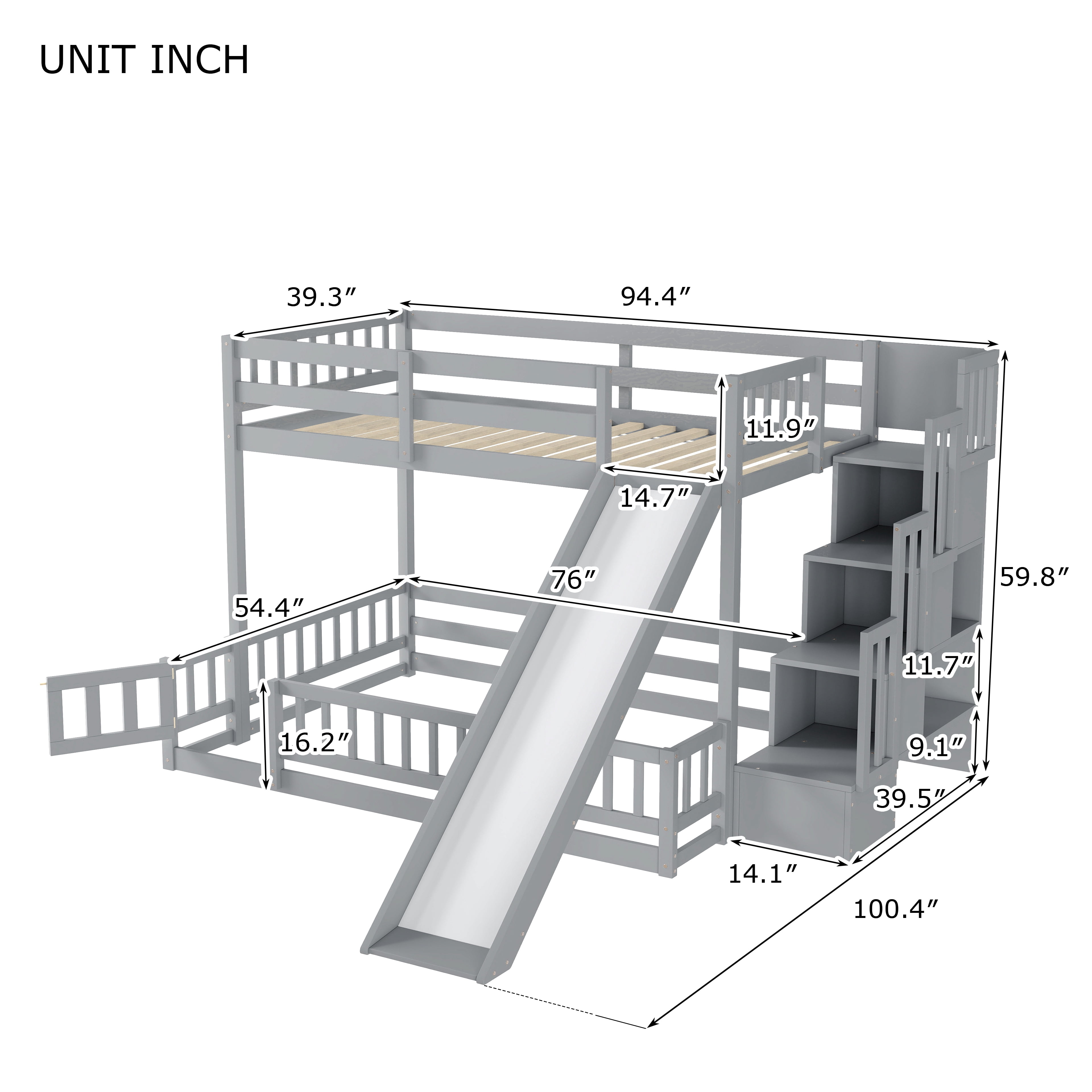 Mintazer Twin Over Full Bunk Bed with Slide & Storage Staircase, Kids Floor Bunk Bed with Guardrails, Gray
