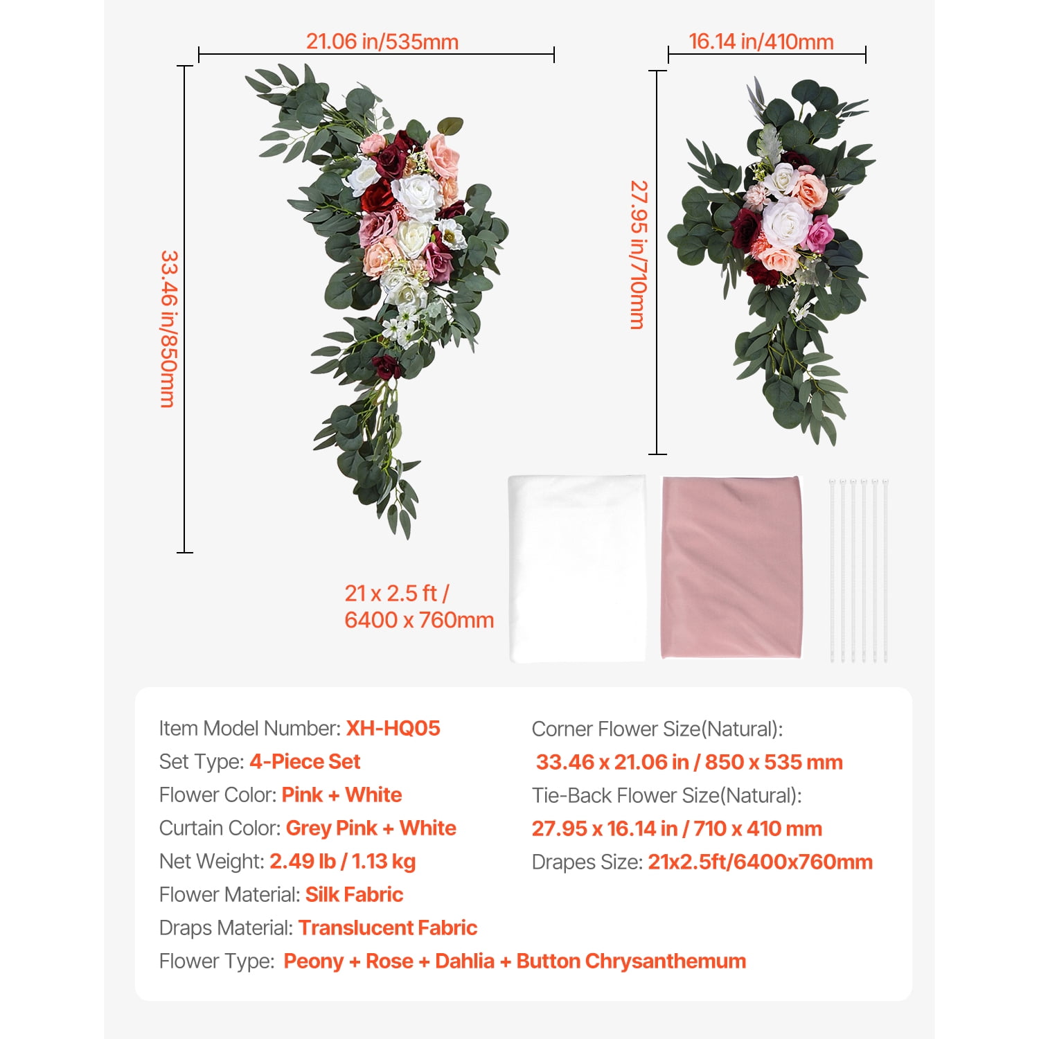 KFFKFF Artificial Wedding Arch Flowers Kit, Pink Floral Decorations with Drapes (Set of 4) - Includes 2 Floral Arrangements and 2 Sheer Drapes for Ceremonies, Bouquets, and Backdrop Decor