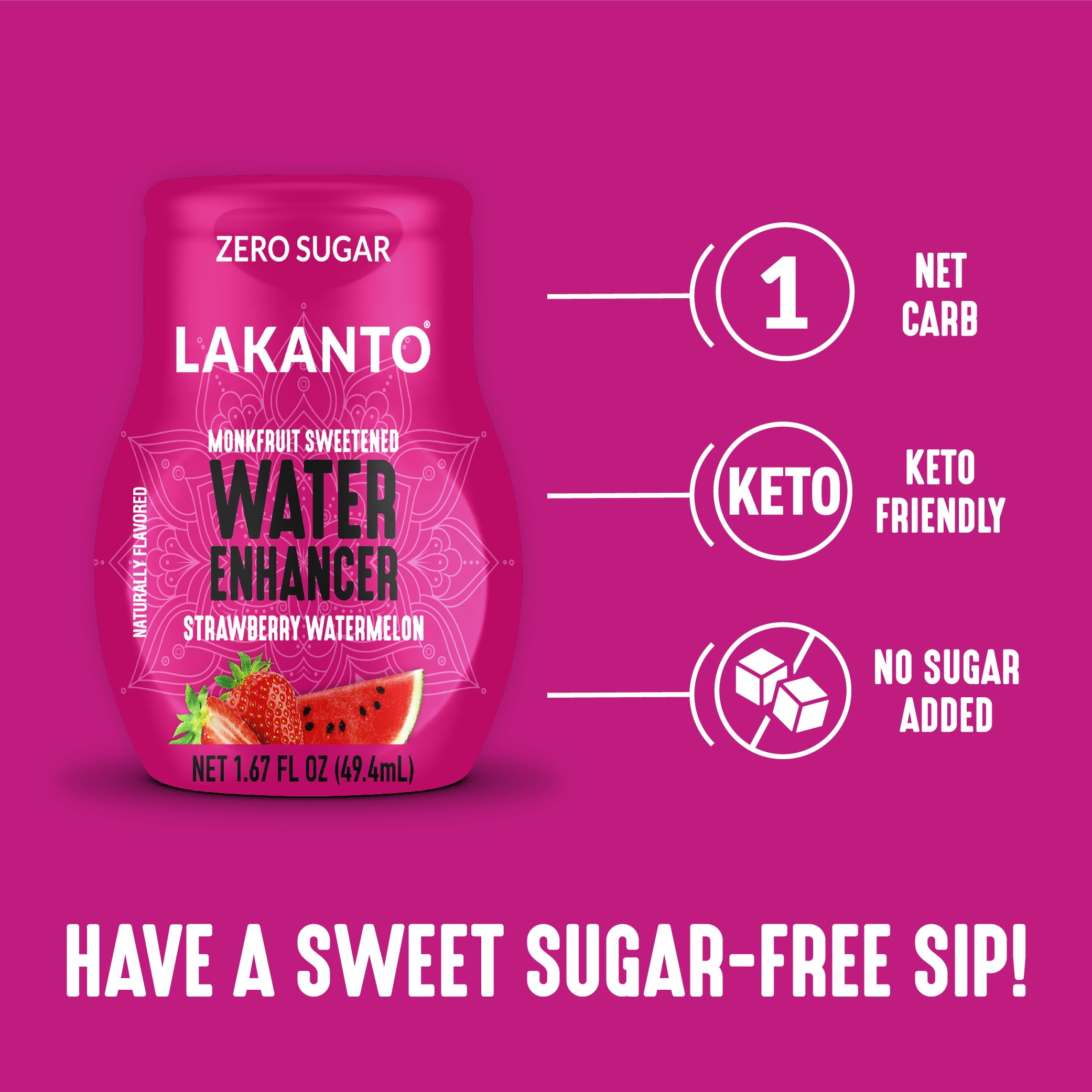 Lakanto Sugar Free Water Enhancer - Sweetened with Monk Fruit Sweetener and Erythritol, On the Go Liquid Hydration, Zero Sugar, Naturally Flavored - Strawberry Watermelon (1.67 fl oz - Pack of 6)
