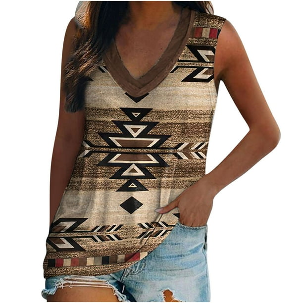 Blusa sin mangas con cuello en V para mujer de moda Camiseta con estampado retro étnico Tops sueltos Fridja qr5212
