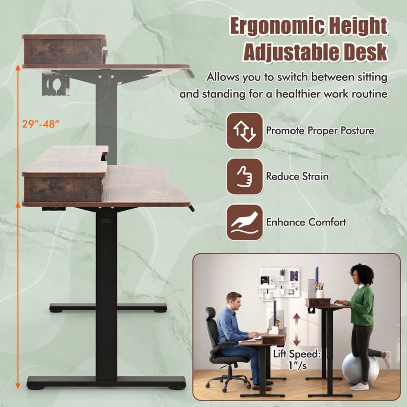 Furnibear 63 x 24 Inch Electric Standing Desk with 2 Fabric Drawers Monitor Shelf Memory Presets and Cable Management for Home Office, Rustic Brown