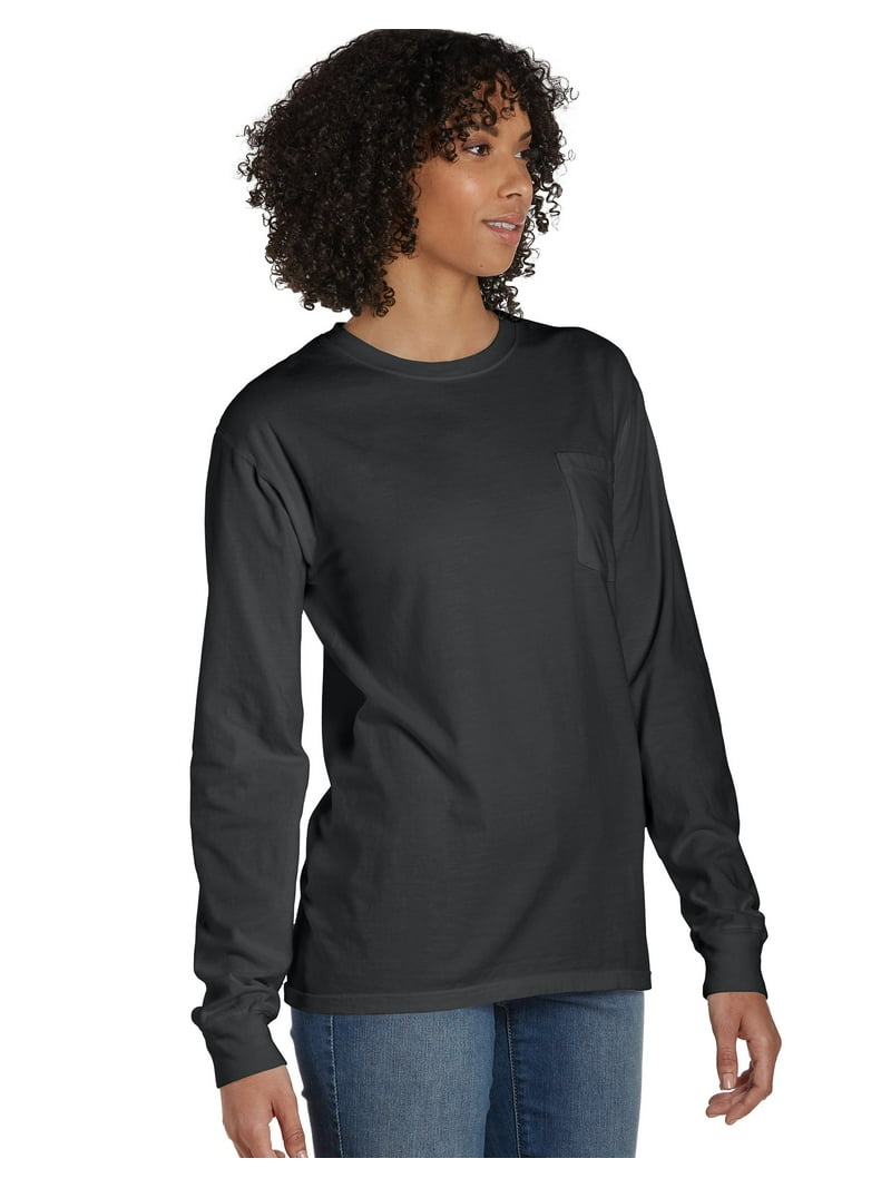 Hanes Unisex Garment Dyed Long Sleeve Pocket T-Shirt New