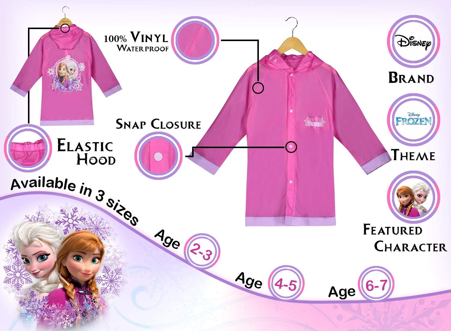 Toddler Disney Frozen Little Girls Waterproof Outwear Hooded Rain Slicker