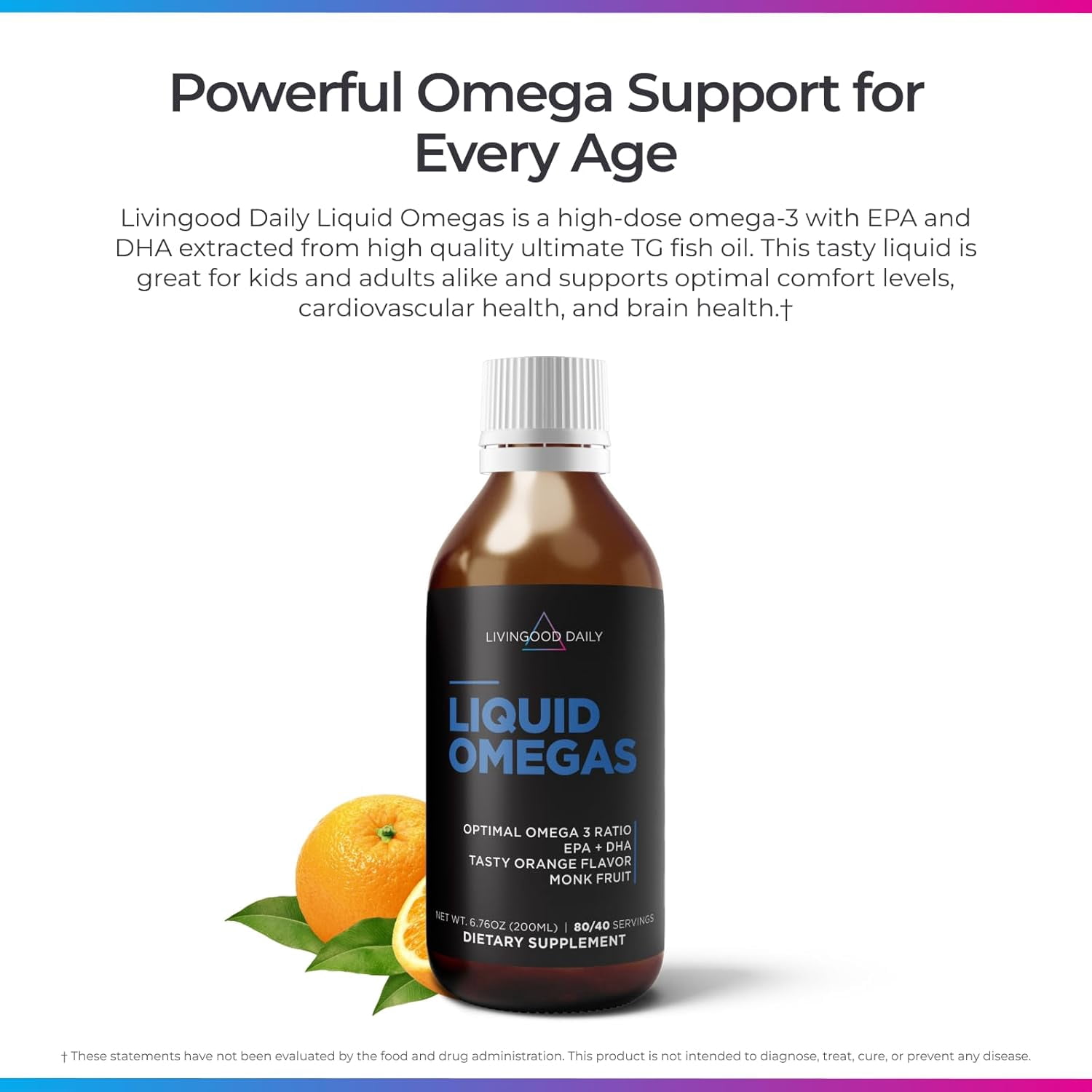 Livingood Daily Liquid Omega 3 Fish Oil, EPA & DHA Supplement with Monk Fruit & Orange Flavor, Supports Heart, Joint & Brain Health, Fish Oil for Men & Women, Non GMO, Gluten Free, 200 ML, 40 Serving