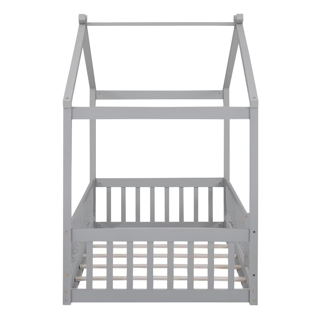 Twin Size House Bed, Wood Floor Bed with Fence and Roof, Montessori Bed Playhouse Bed Toddler Bed Frame for Kids Girls and Boys, Gray