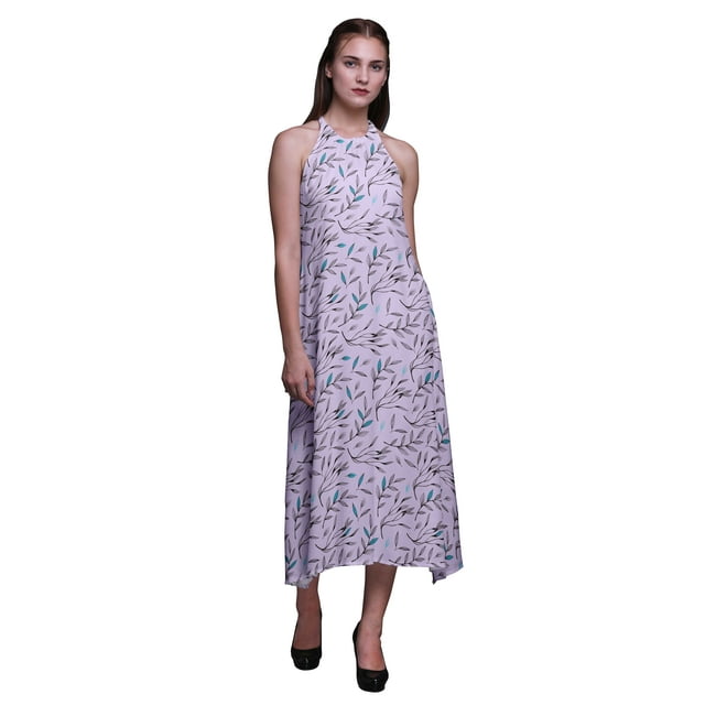 Bimba Robe Longue Dos Nu à Imprimé Feuilles pour Femmes, Col Licou, Tenue de Plage, Très Grande Taille