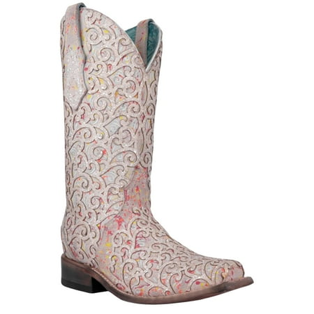 

Corral Women s Glitter Overlay Neon Blacklight Western Boot Square Toe - C4062 8 M US