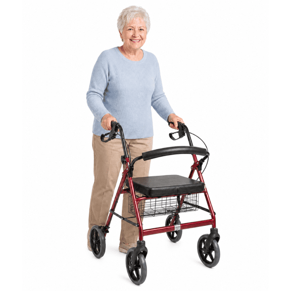 DMI Extra-Wide Heavy Duty Steel Bariatric Mobility Rollator Walker with Seat and Basket, Burgundy, Folding