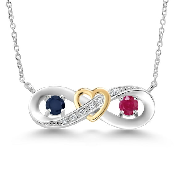 Gem Stone King 0.76 Ct Round Blue Sapphire Red Ruby 925 Silver and 10K Yellow Gold Two-Tone Heart Interlocking Infinity Symbol Lab Grown Diamond Pendant Necklace for Women with 18 inch Chain