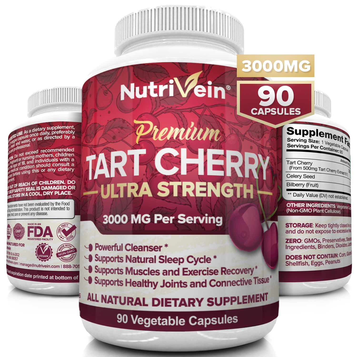 Nutrivein Tart Cherry Capsules 3000mg 90 Vegan Pills Antioxidants