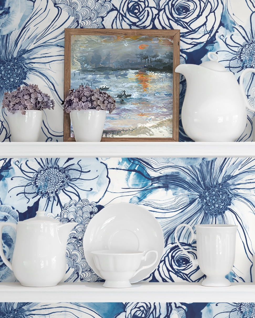 NextWall Harry & Grace Ink Rose Peel and Stick Wallpaper 20.5 in. W x 18 ft. L - Celtic Blue