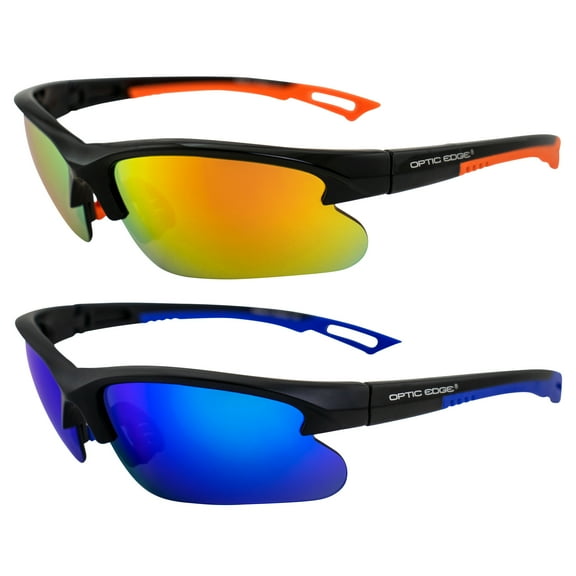 Optic Edge Fireball Wraparound Sports & Motorcycle Sunglasses Semi-Rimless 2 Pairs Black Frames w/Dielectric Orange & Blue Mirror Lenses