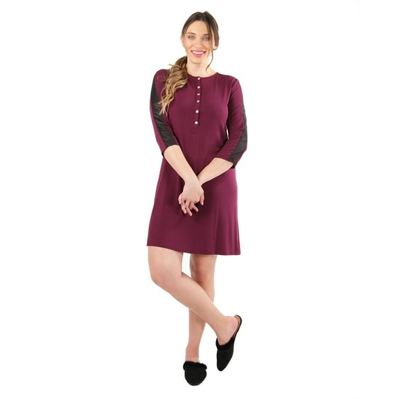 MeMoi Women's Satin Trim Three-Quarter Sleeve Extra-Long Nightshirt - Womens - Female, Medium, Aubergine