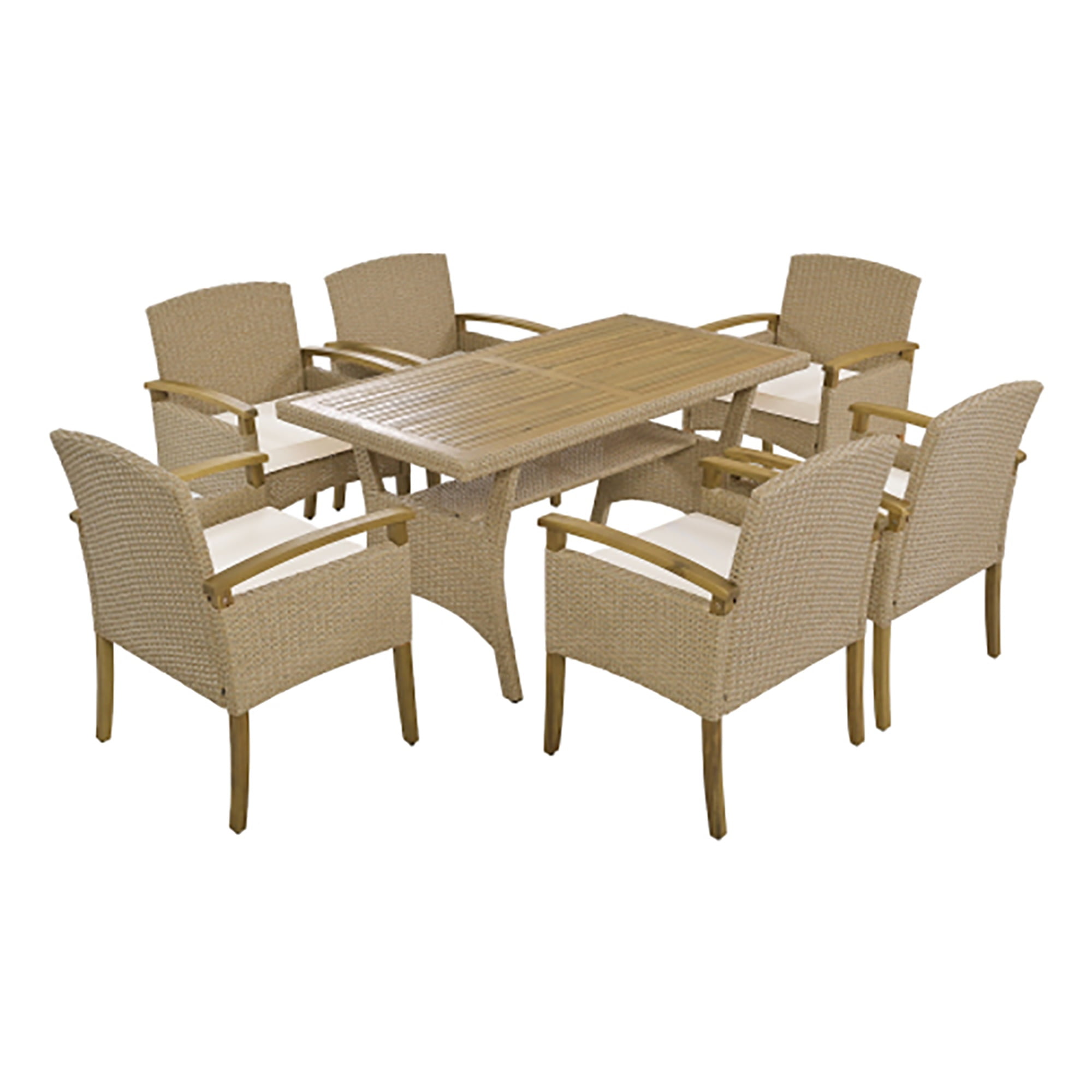Kadyn All Weather PE Rattan Dining Set , Outdoor Patio 7-Piece Dining Table Set with Wood Tabletop and Cushions for 6 White