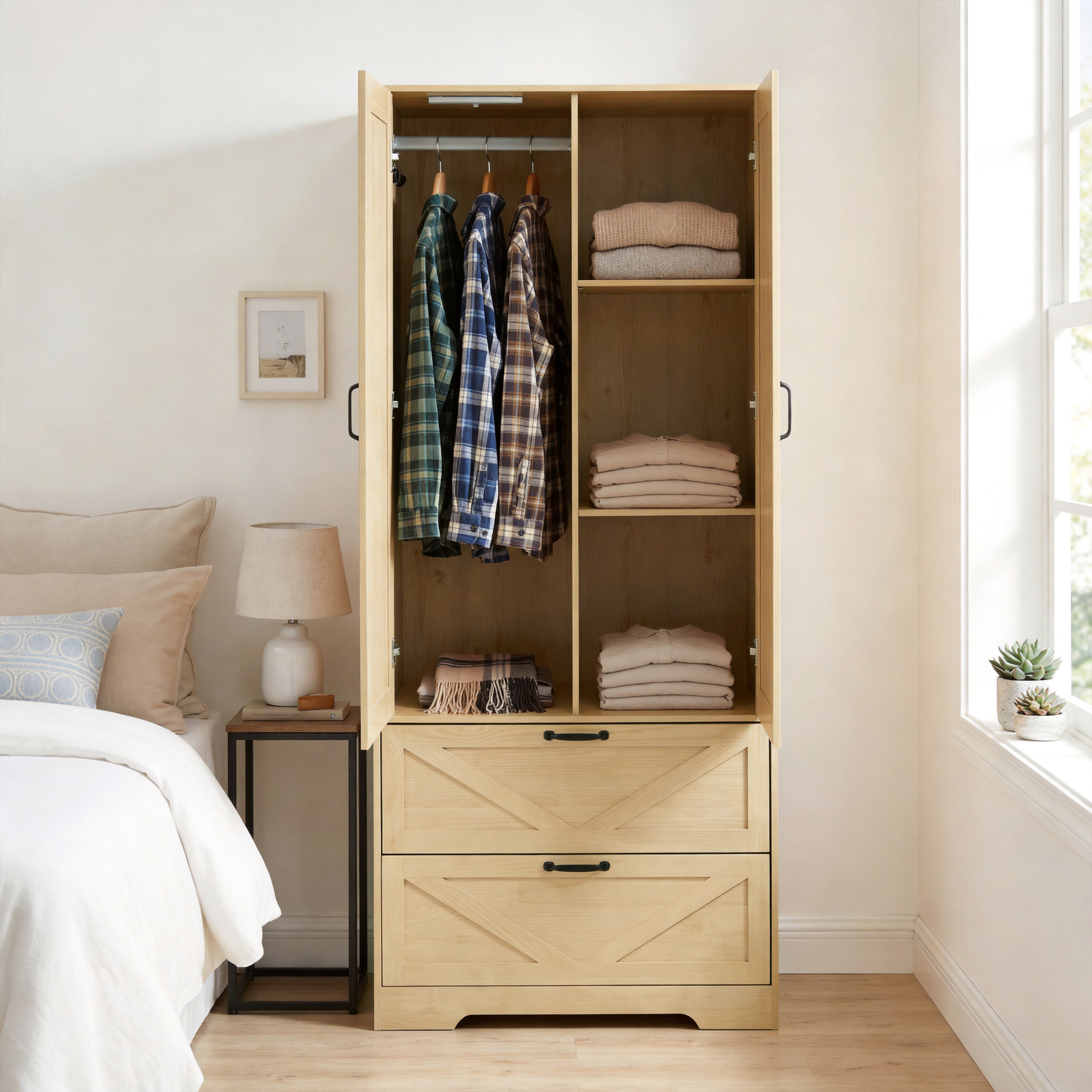 Mintazer 71" Tell Wardrobe Armoire with Mirror Door & 2 Large Drawers and Built-in Induction Light, Freestanding Clothing Storage Cabinet with Hanging Rod & Shelves for Bedroom, Natural
