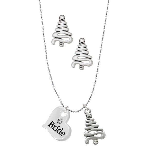 Delight Jewelry Silvertone Large Bride Heart Silver tone Zig Zag Christmas Tree Charm Necklace and Stud Earrings