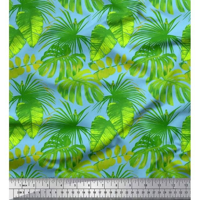 Soimoi Blue Modal Satin Fabric Tropical Leaves Print Fabric by the Yard 42 Inch Wide