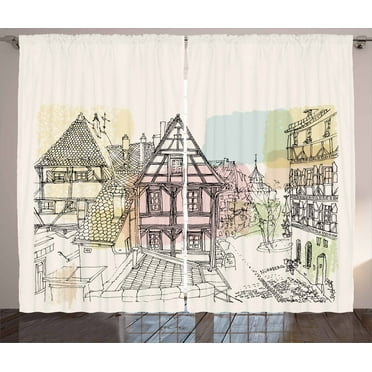 Ambesonne German Curtains 2 Panel Set, Colorful Street Houses, 108
