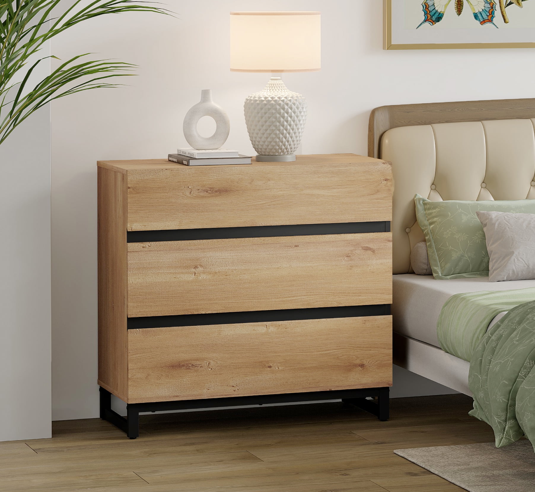 WAMPAT 2 Pack Rustic Wood Nightstand with 3 Drawers, Modern Bedroom Bedside Table with Black Square Iron Legs for Bedroom,Oak