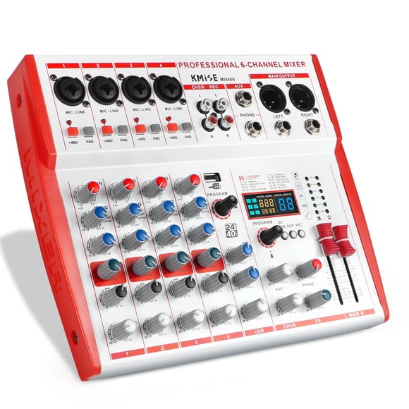 Audio Mixer,Kmise 6 Channel Sound Mixer with 99 Sound Effects for PC Portable Sound Mixing Console with BT USB Recording Input fo