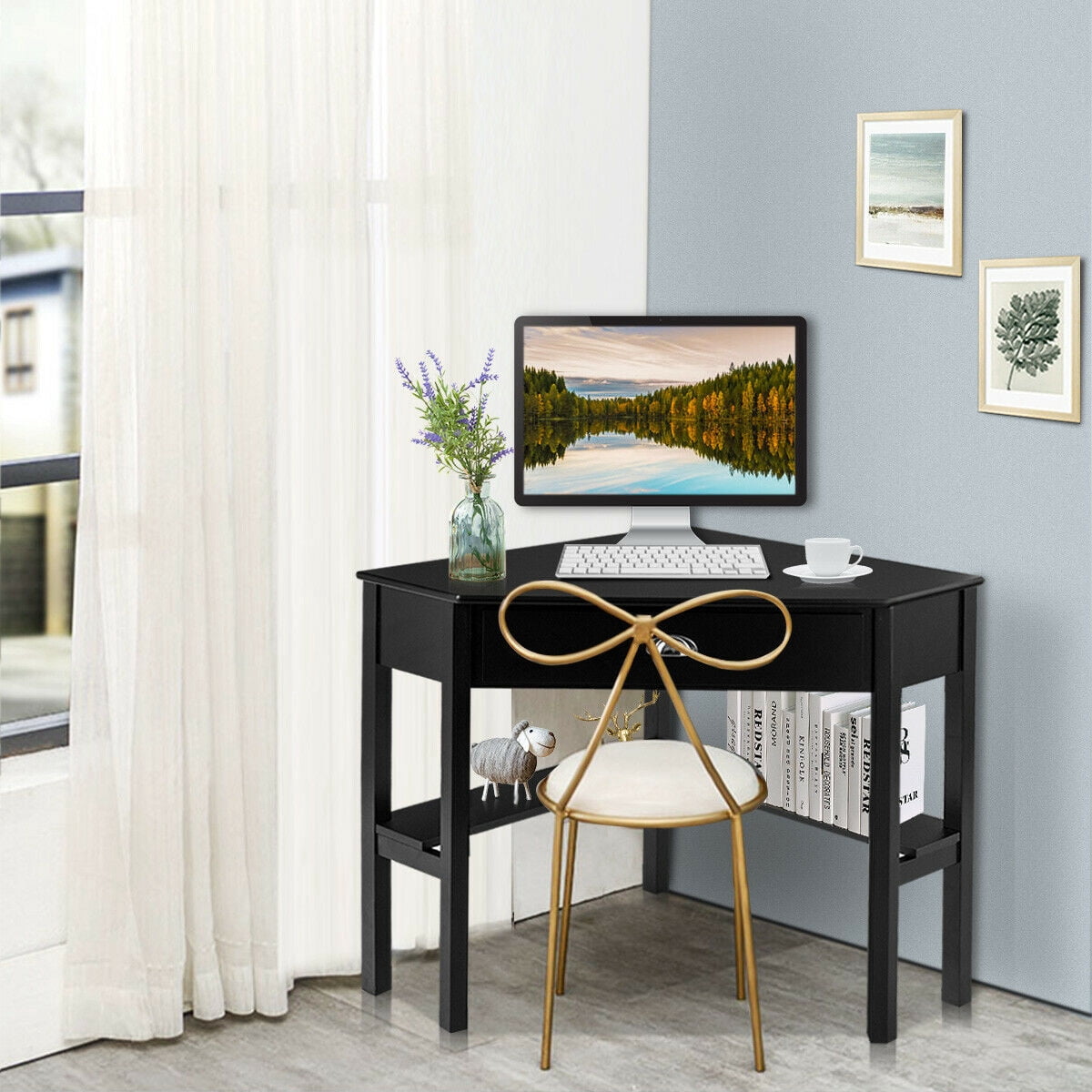 Costway Triangle Computer Desk Corner Office Desk Laptop Table w/ Drawer Shelves Rustic Black