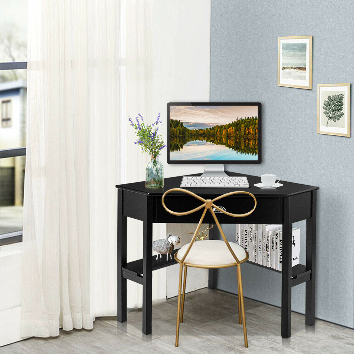 Costway Triangle Corner Computer Desk, Black photo 2