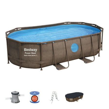 Bestway Power Steel Swim Vista Series 14? x 8?2? x 39.5? Oval Frame Above Ground Swimming Pool with Pump, Ladder and (Best Way To Cover A Pool)