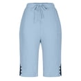 thumbnail image 5 of Bermuda Shorts for Women Cotton Linen Summer Casual Wide Leg Knee Length High Waisted Long Shorts with Pockets Beach Outfits Light Blue M, 5 of 7