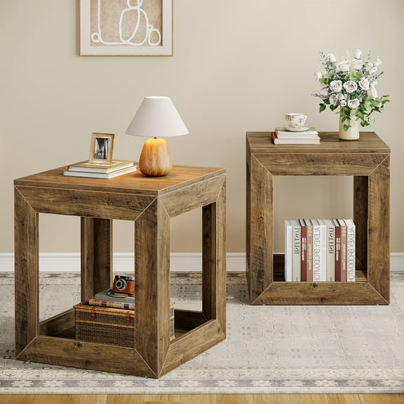 Finmind Set of 2 End Table, 19.7 Inch Large Square Tall Nightstand with 2-Tier Storage Shelf for Living Room, Rustic Brown