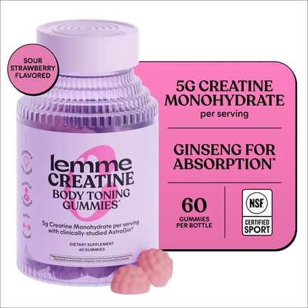 Lemme Creatine Gummies for Strength & Recovery, 5g Creatine Monohydrate, Astragin, Sour Strawberry, 60 Count