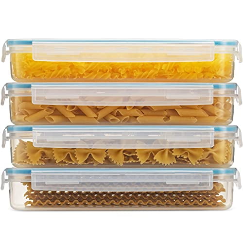 Komax Biokips Contenants de Stockage de Pâtes Lot de 4 - Contenants en Plastique Rectangulaires Sans Bpa avec Couvercles - Contenants Hermétiques pour Micro-Ondes et Lave-Vaisselle - Nouilles, Pâtes et Spaghettis (33 oz)