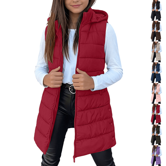 Asgosdo Girls Hooded Puffer Vest Zip Up Sleeveless Side Button Casual Warm Kids Long Quilted Jackets with Pockets Size 3-14Y