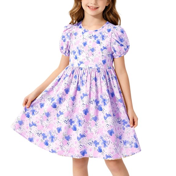Girls Cute Summer Dresses Kids Puff Sleeve Going out Floral Dress Casual Cotton Airport Trendy Outfits Purple, 8 Years
