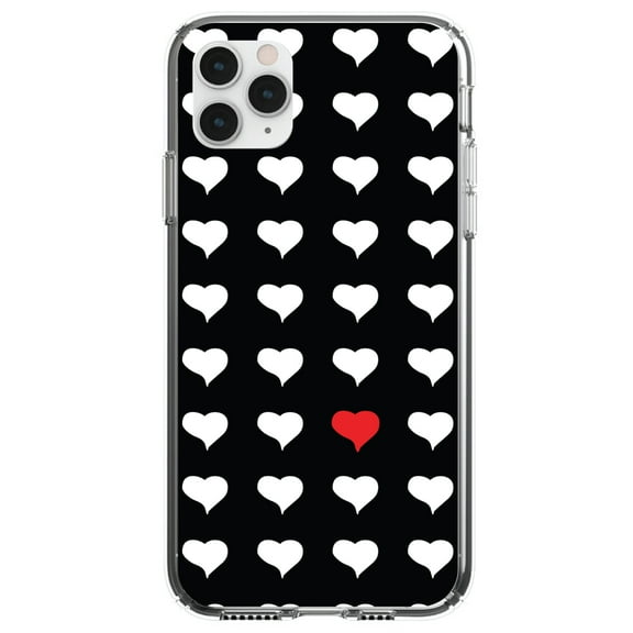 DistinctInk Clear Shockproof Hybrid Case for iPhone 12 MINI (5.4" Screen) - TPU Bumper, Acrylic Back, Tempered Glass Screen Protector - Red White Black Repeating Hearts