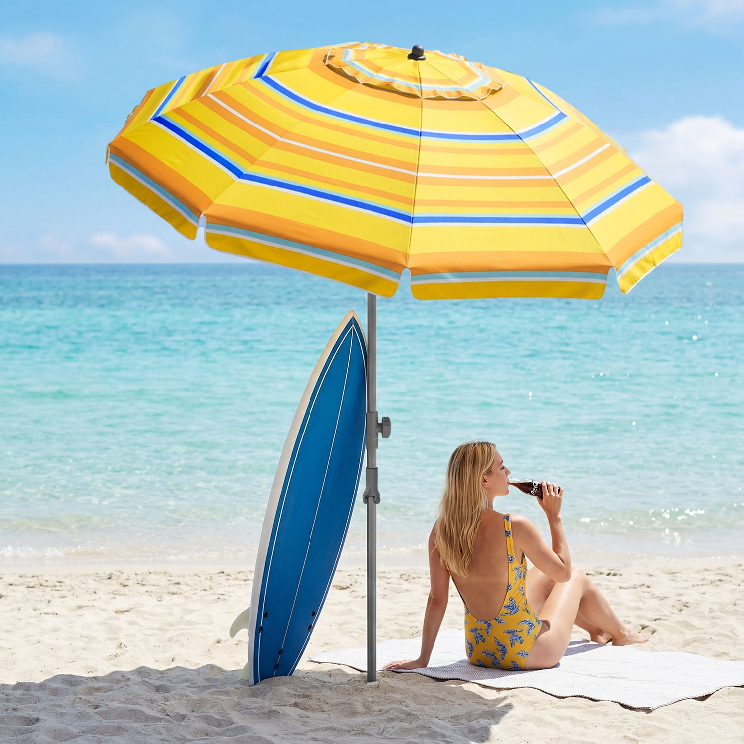 Beach Umbrella for Sand with Sand Anchor & Tilt, 7ft Beach Umbrella for Heavy Duty Wind Portable with Carry Bag and Hook, for Patio Pool Sea
