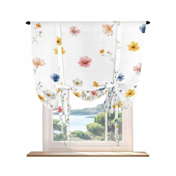 Blue Flowers Tie Up Curtains for Windows 54 Inch Length Balloon Curtains Kitchen Adjustable Balloon Window Shade Pink Watercolor Botanical Garden Floral Tie Up Valance Bathroom Curtain Window 42"x54"