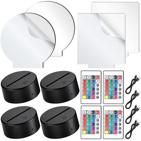 

4 Pieces 3D Night LED Light Lamp Base and 4 Pieces Clear Acrylic Sheets with Remote Control and USB Cable Christmas DIY Acrylic Adjustable 16 Colors 4 Modes Set for Restaurant Room Shop Bar