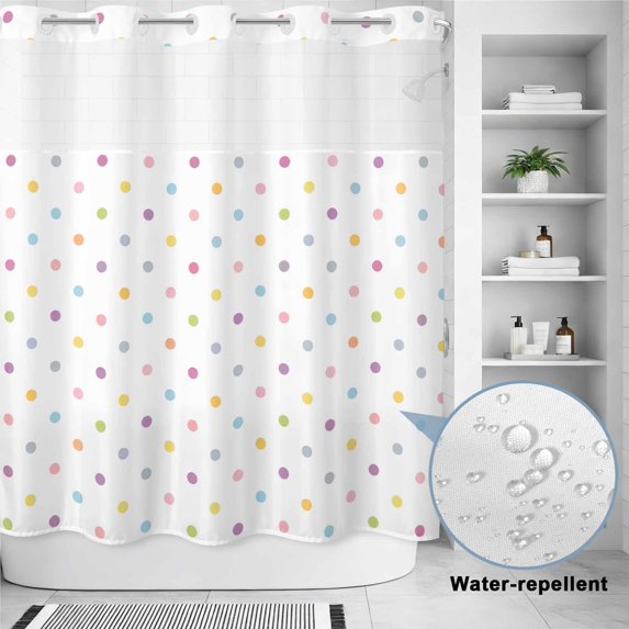 No Hook Shower Curtain, Color Polka Dot Shower Curtains for Bathroom with See Through Top Window, Minimalist Modern Simple Geometric Waterproof & Washable Bath Curtain 66"x72"