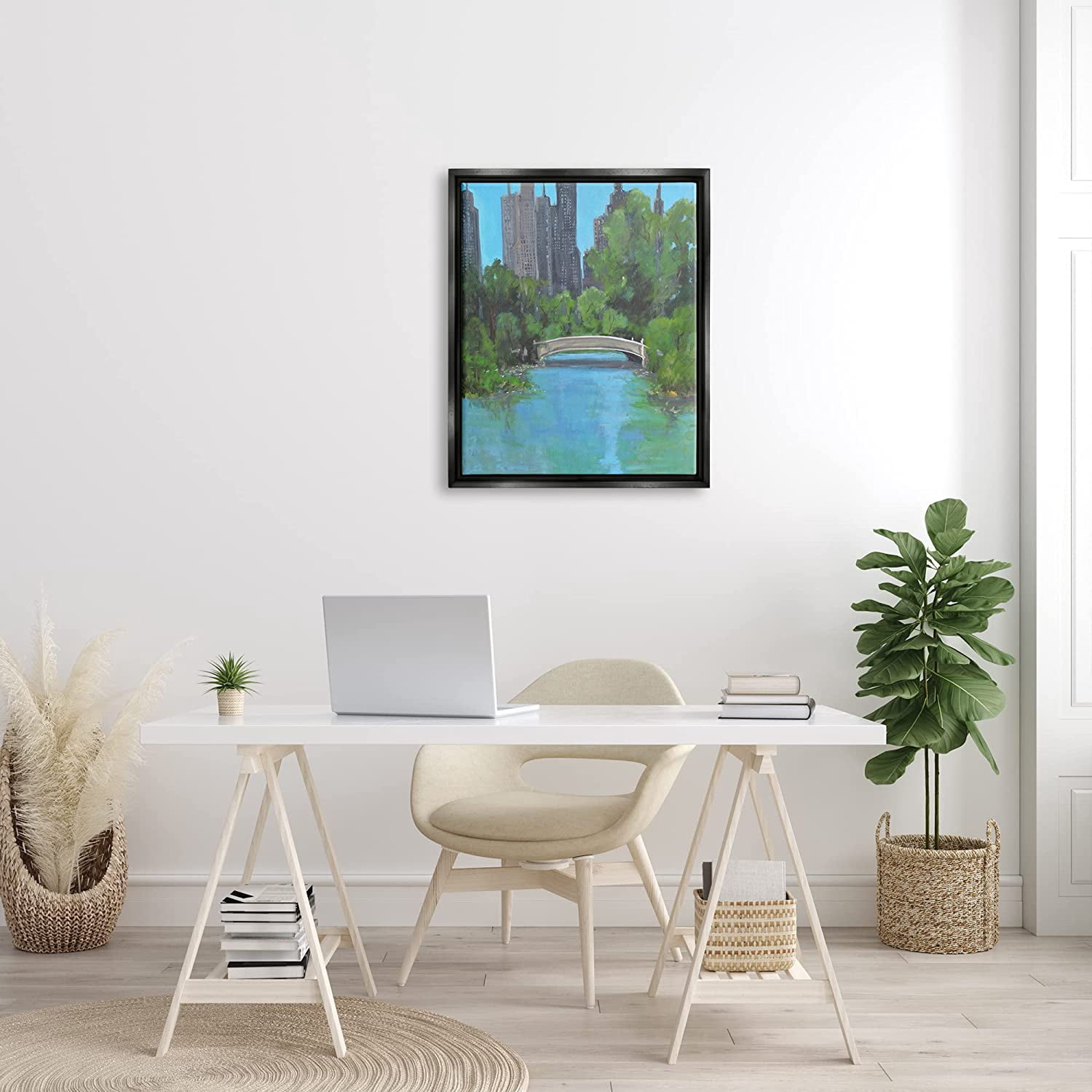 Stupell Industries Urban City Park Town Bridge Over Lake Painting Jet Black Floating Framed Canvas Print Wall Art, Design by Allayn Stevens