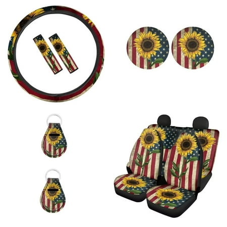 Renewold American Flag Car Seat Cover Stretchy Steering Wheel Cover+Seat Belt Cover+Cup Coasters+Key Chains Full Set 11-pcs Sunflower Automotive Seat Cover Accessories for Sedans Vans SUVs