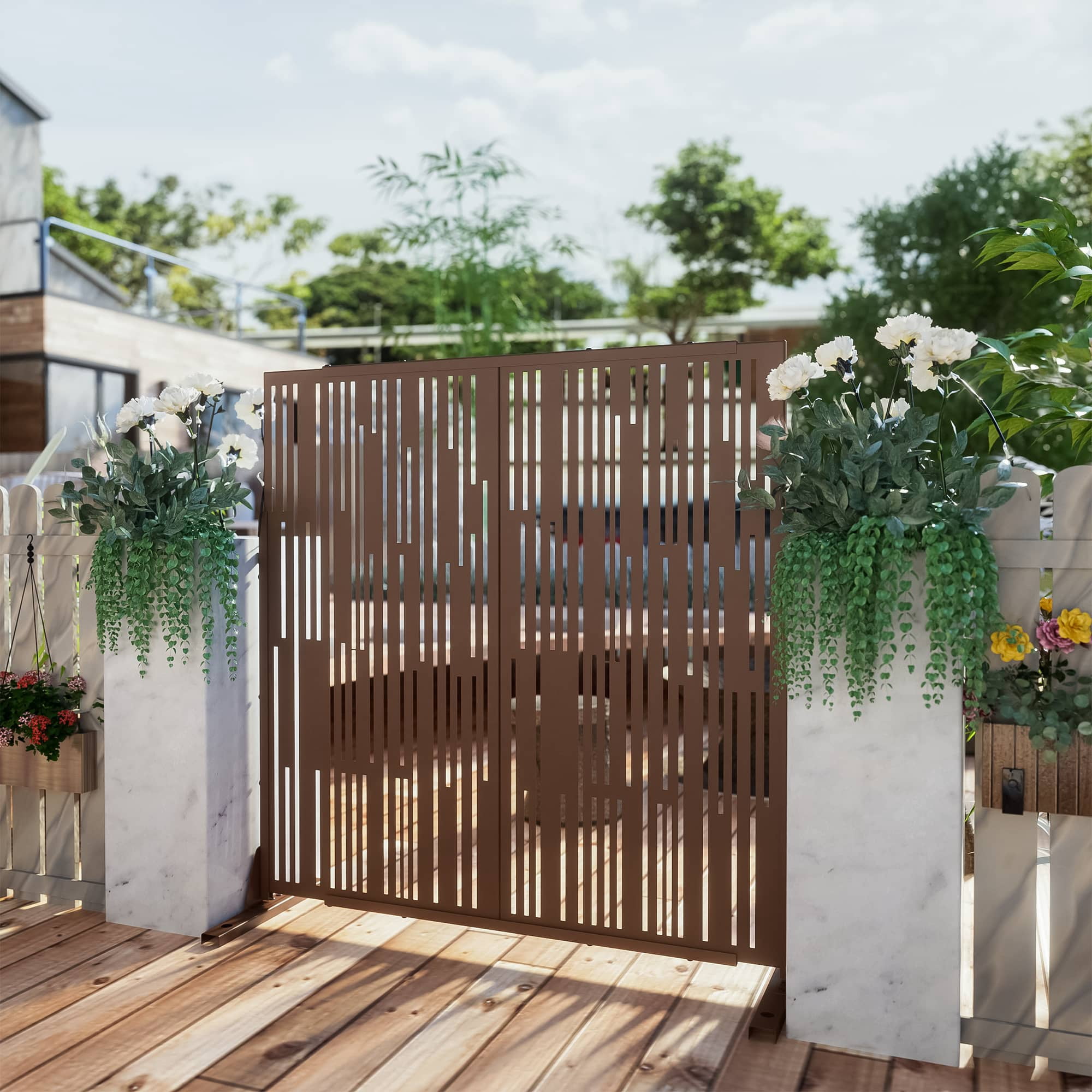 MAYEERTY 72" × 47" Outdoor Privacy Screen, Metal Decorative Screen, Brown